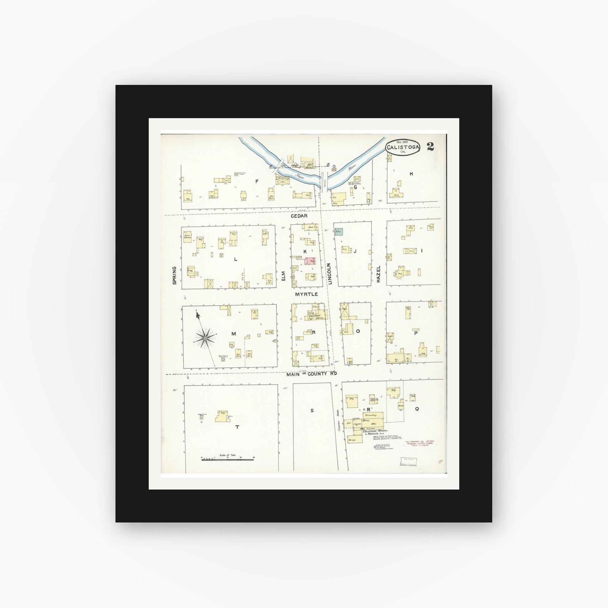 Old map wall art mockup — black gallery frame with white mat — Sanborn Fire Insurance Map from Calistoga, Napa County, California (1890), Sheet #0002