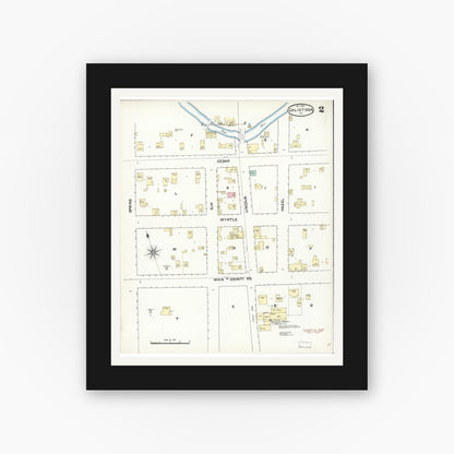 Old map wall art mockup — black gallery frame with white mat — Sanborn Fire Insurance Map from Calistoga, Napa County, California (1890), Sheet #0002
