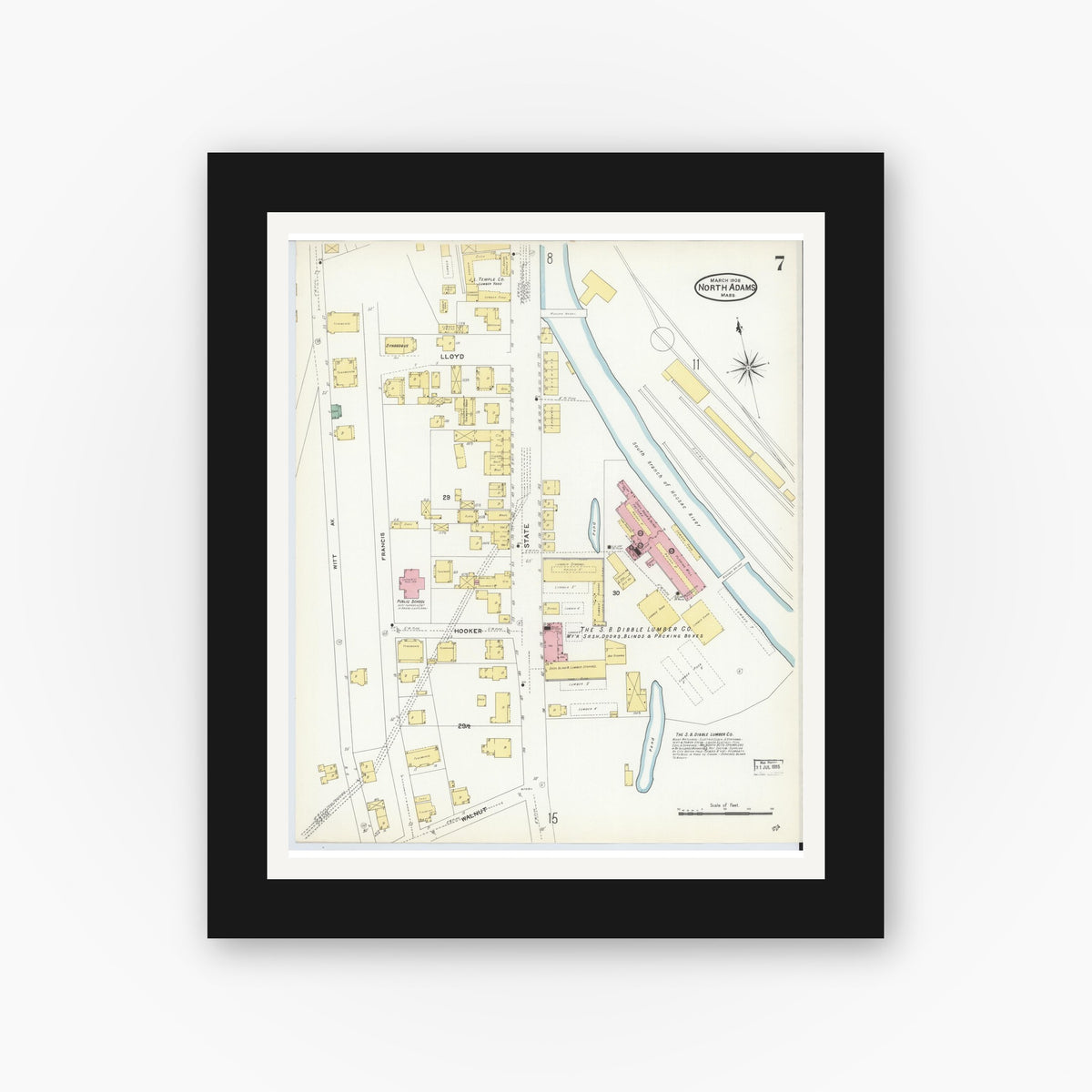 Old map wall art mockup — black gallery frame with white mat — Sanborn Fire Insurance Map from North Adams, Berkshire County, Massachusetts (1908), Sheet #0007