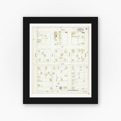 Old map wall art mockup — black gallery frame with white mat — Sanborn Fire Insurance Map from Van Alstyne, Grayson County, Texas (1907), Sheet #0005