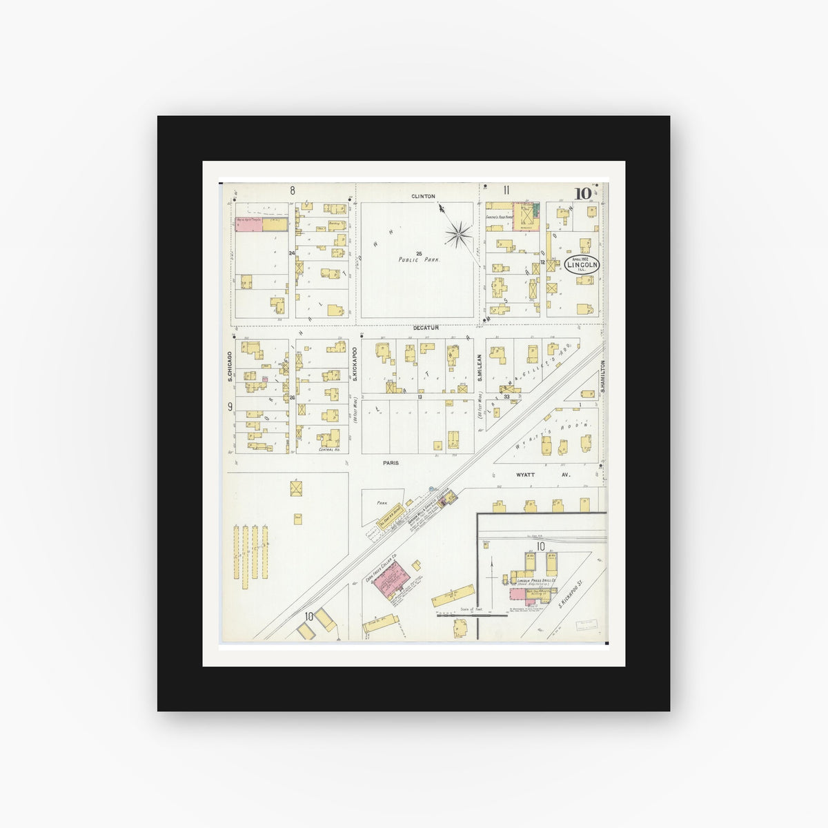 Old map wall art mockup — black gallery frame with white mat — Sanborn Fire Insurance Map from Lincoln, Logan County, Illinois (1902), Sheet #0010