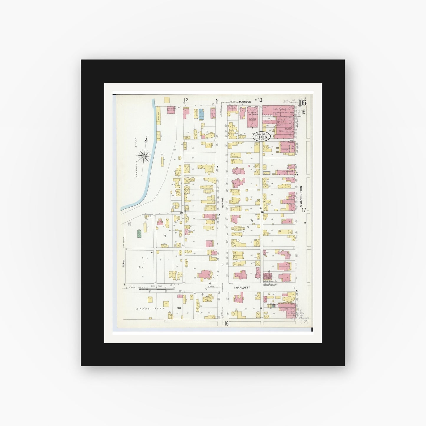 Old map wall art mockup — black gallery frame with white mat — Sanborn Fire Insurance Map from Tiffin, Seneca County, Ohio (1908), Sheet #0016