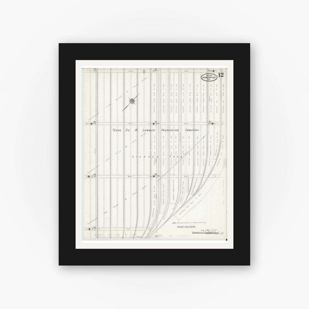 Old map wall art mockup — black gallery frame with white mat — Sanborn Fire Insurance Map from Somerville, Burleson County, Texas (1910), Sheet #0012