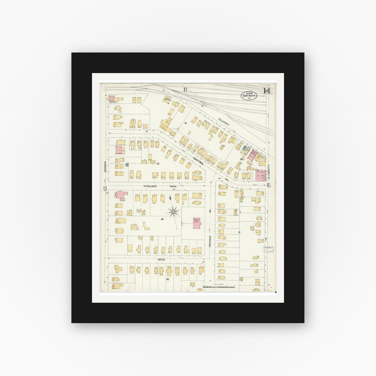 Old map wall art mockup — black gallery frame with white mat — Sanborn Fire Insurance Map from Batavia, Genesee County, New York (1901), Sheet #0014