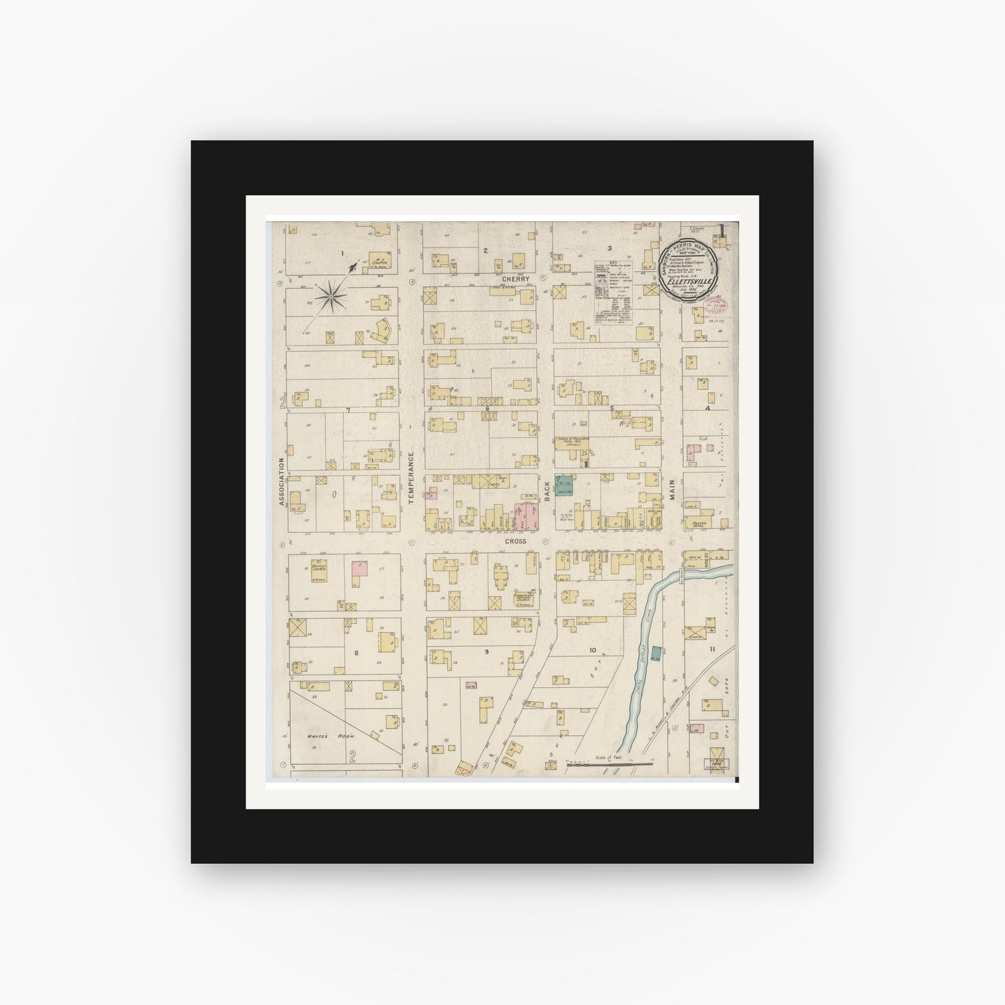 Old map wall art mockup — black gallery frame with white mat — Sanborn Fire Insurance Map from Ellettsville, Monroe County, Indiana (1895) - Complete Map Set