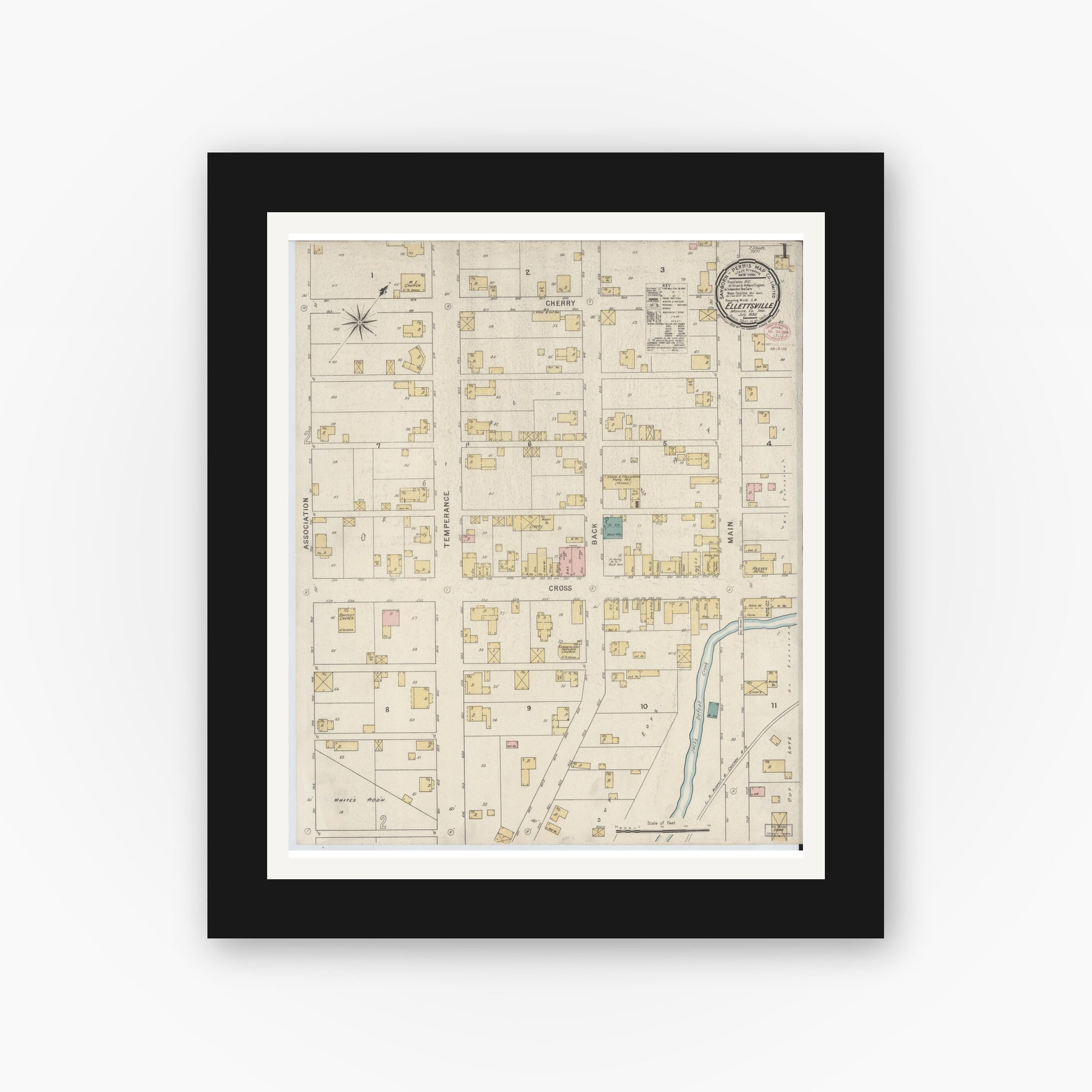 Old map wall art mockup — black gallery frame with white mat — Sanborn Fire Insurance Map from Ellettsville, Monroe County, Indiana (1895) - Complete Map Set