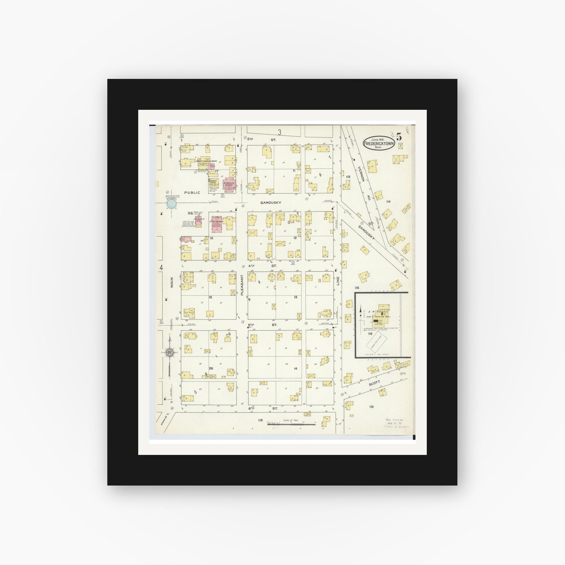 Old map wall art mockup — black gallery frame with white mat — Sanborn Fire Insurance Map from Fredericktown, Knox County, Ohio (1915), Sheet #0005