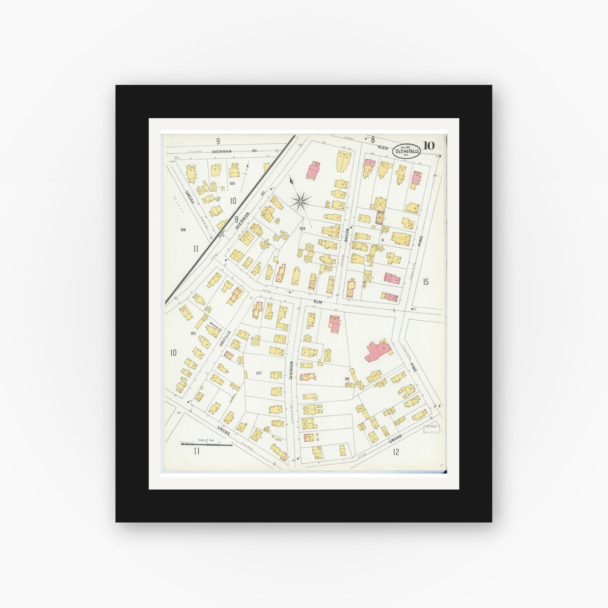 Old map wall art mockup — black gallery frame with white mat — Sanborn Fire Insurance Map from Glens Falls, Warren County, New York (1901), Sheet #0010