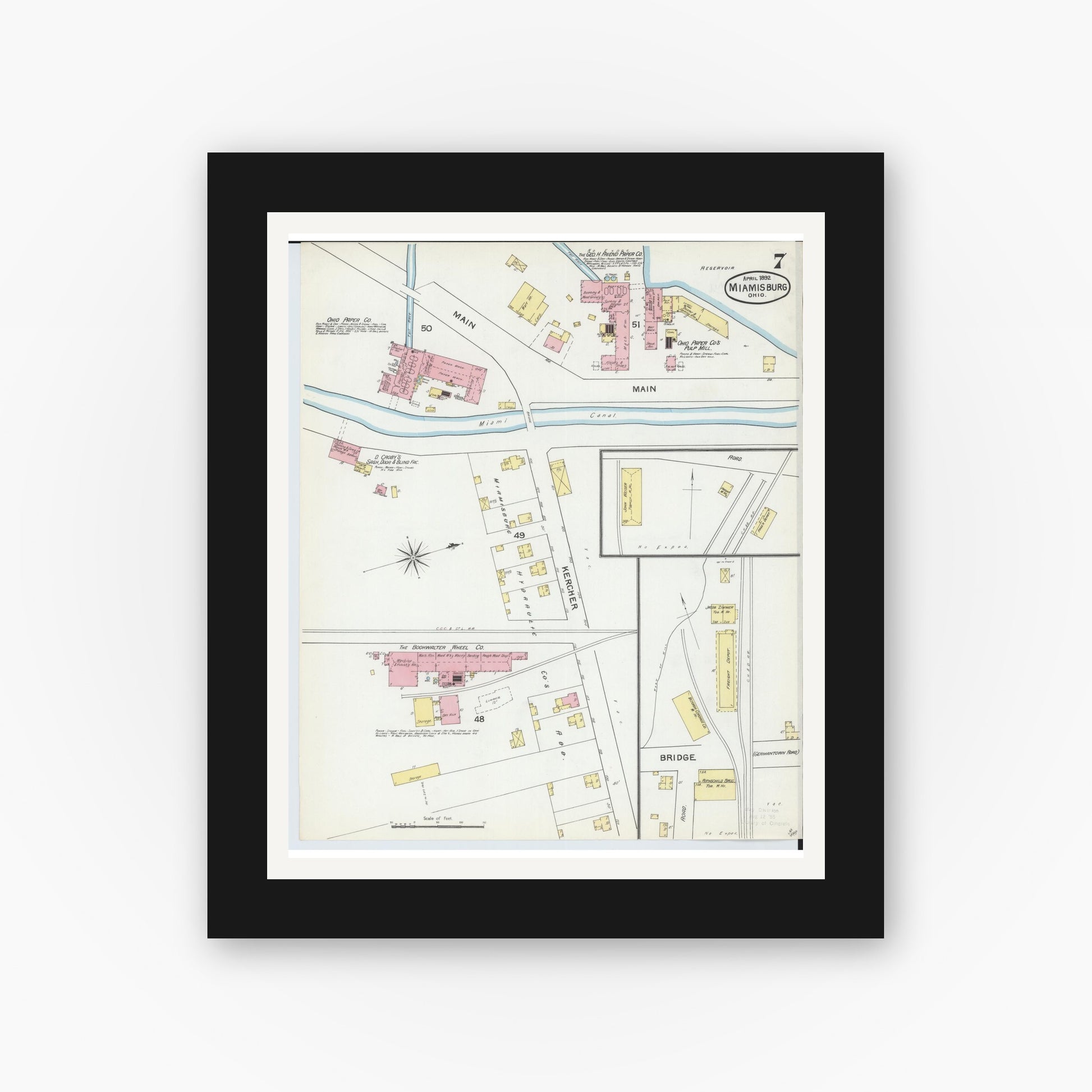 Old map wall art mockup — black gallery frame with white mat — Sanborn Fire Insurance Map from Miamisburg, Montgomery County, Ohio (1892), Sheet #0007