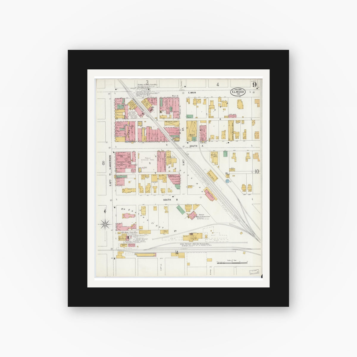 Old map wall art mockup — black gallery frame with white mat — Sanborn Fire Insurance Map from Elwood, Madison County, Indiana (1899), Sheet #0009