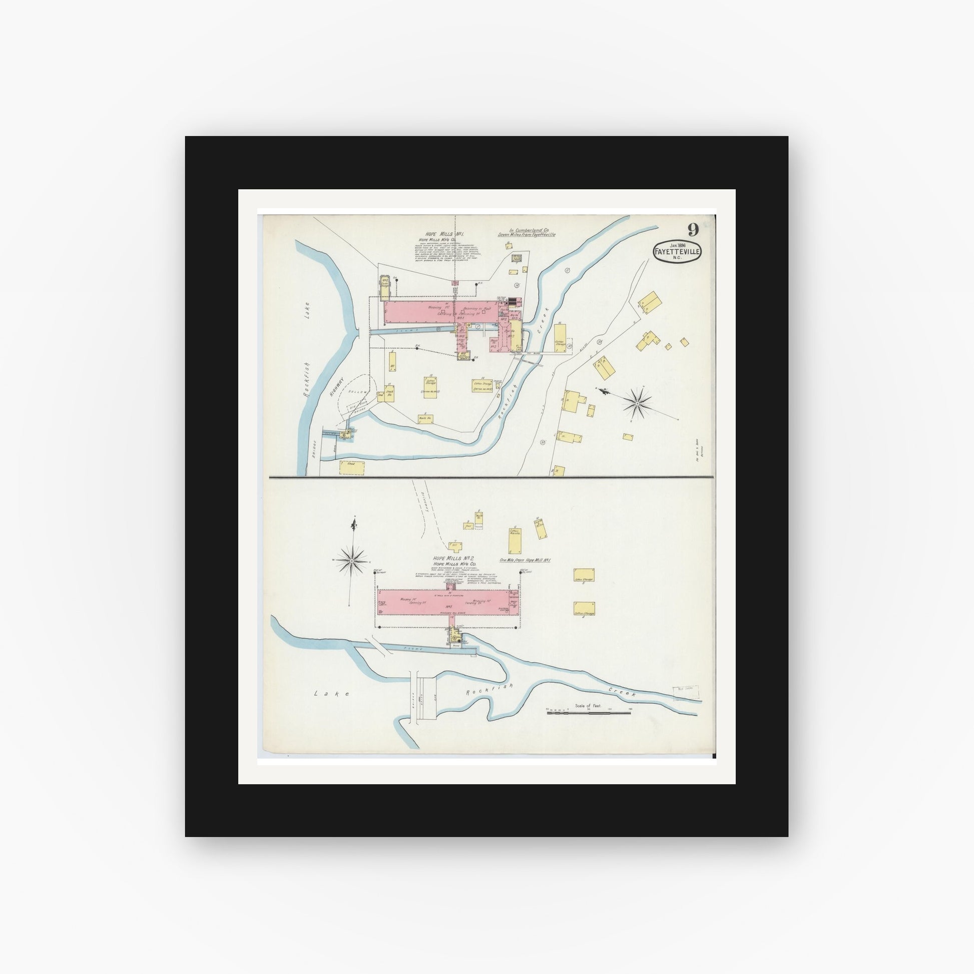 Old map wall art mockup — black gallery frame with white mat — Sanborn Fire Insurance Map from Fayetteville, Cumberland County, North Carolina (1896), Sheet #0009