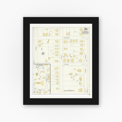 Old map wall art mockup — black gallery frame with white mat — Sanborn Fire Insurance Map from Goldsboro, Wayne County, North Carolina (1908), Sheet #0020
