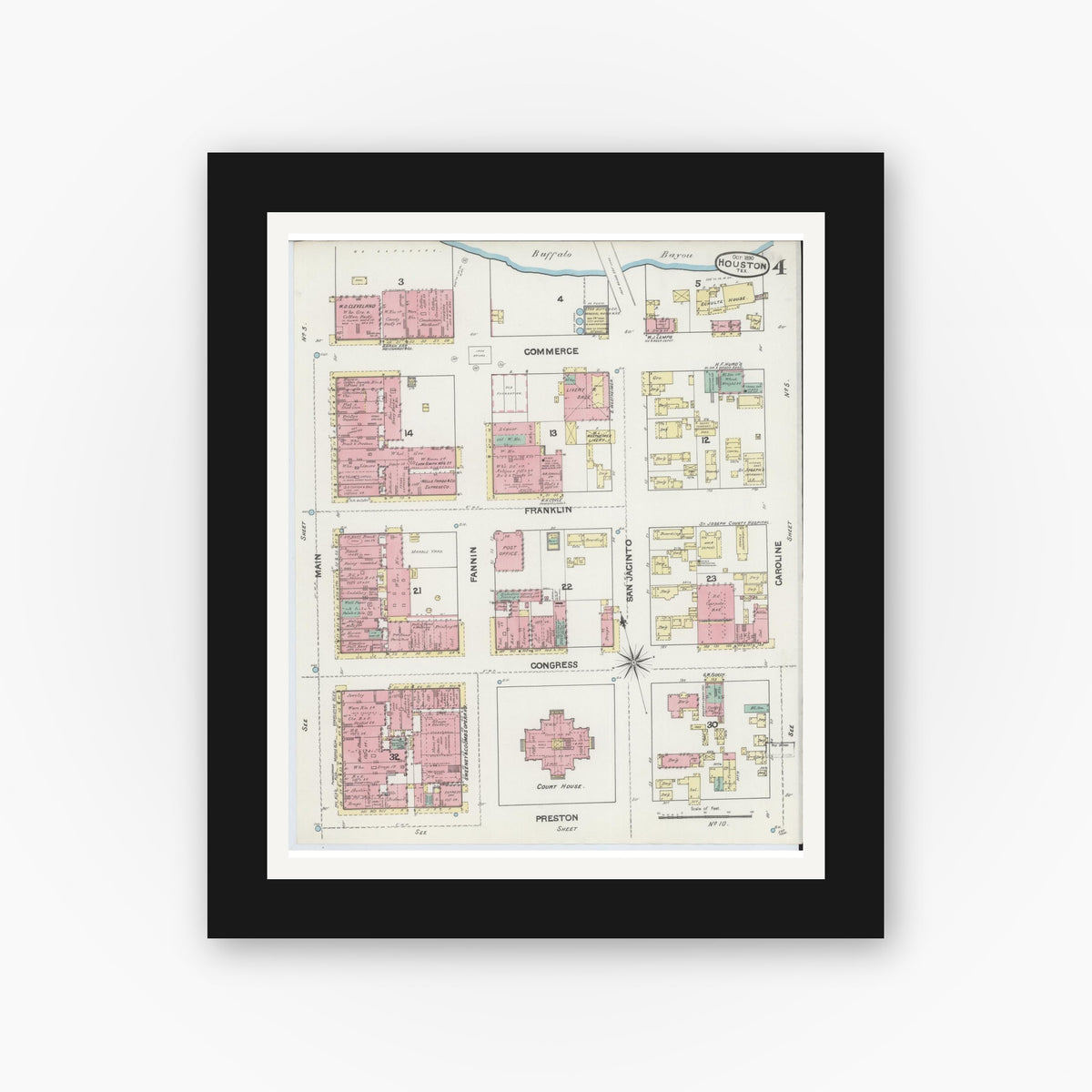 Old map wall art mockup — black gallery frame with white mat — Sanborn Fire Insurance Map from Houston, Harris County, Texas (1890), Sheet #0004