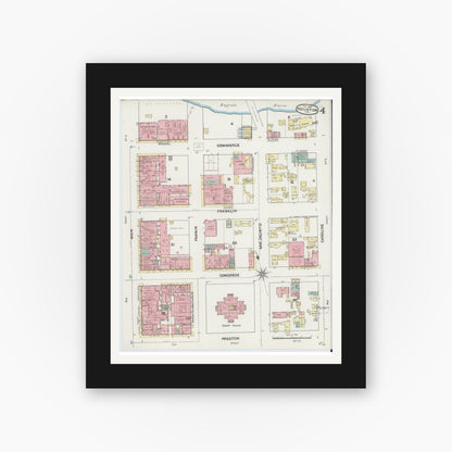 Old map wall art mockup — black gallery frame with white mat — Sanborn Fire Insurance Map from Houston, Harris County, Texas (1890), Sheet #0004