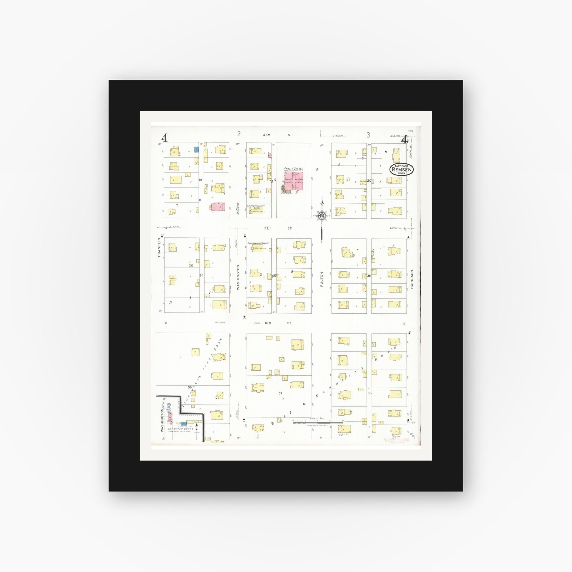 Old map wall art mockup — black gallery frame with white mat — Sanborn Fire Insurance Map from Remsen, Plymouth County, Iowa (1929), Sheet #0004