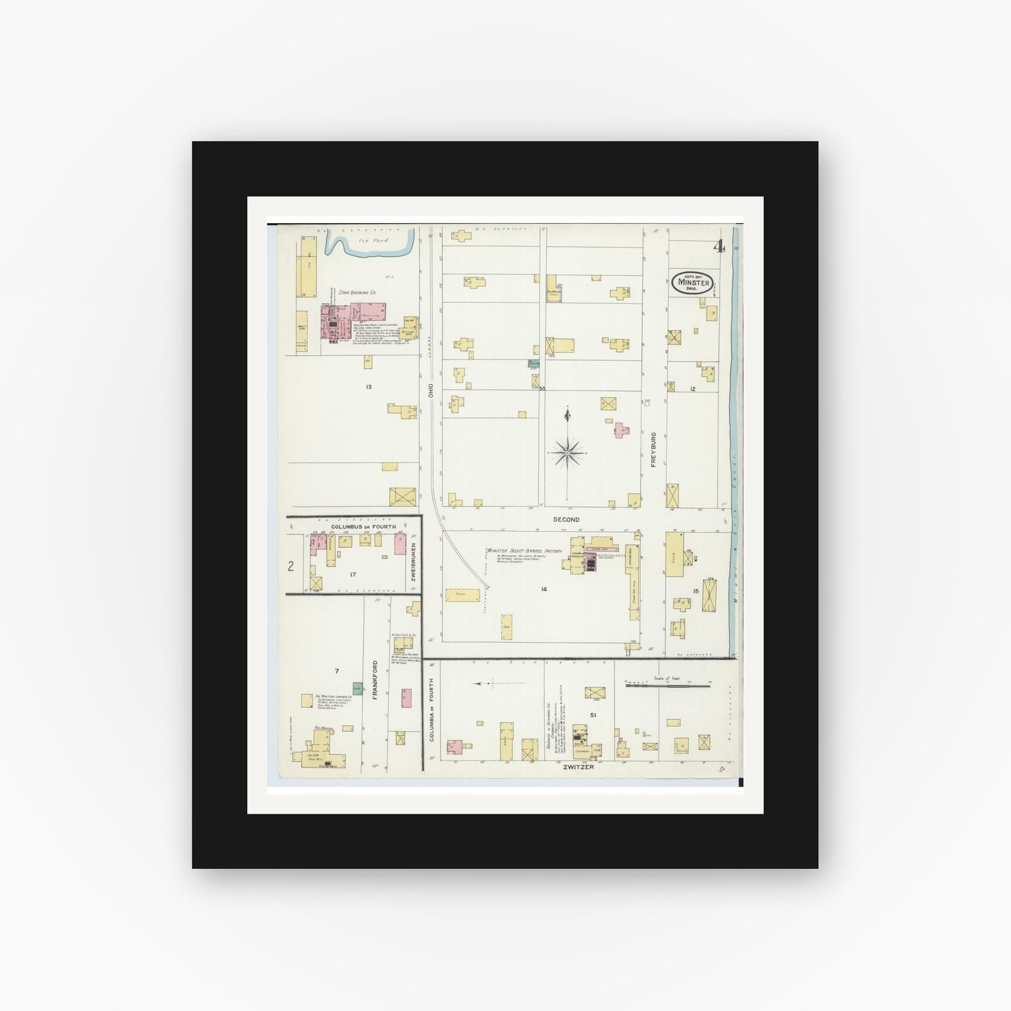 Old map wall art mockup — black gallery frame with white mat — Sanborn Fire Insurance Map from Minster, Auglaize County, Ohio (1907), Sheet #0004