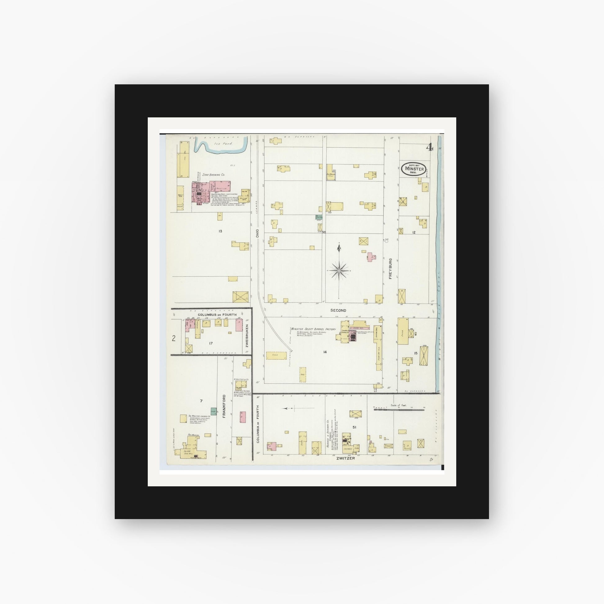 Old map wall art mockup — black gallery frame with white mat — Sanborn Fire Insurance Map from Minster, Auglaize County, Ohio (1907), Sheet #0004
