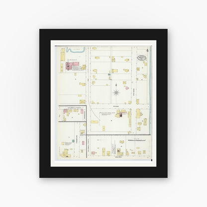 Old map wall art mockup — black gallery frame with white mat — Sanborn Fire Insurance Map from Minster, Auglaize County, Ohio (1907), Sheet #0004