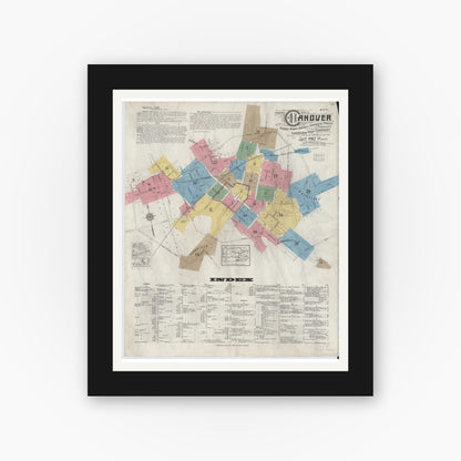 Old map wall art mockup — black gallery frame with white mat — Sanborn Fire Insurance Map from Hanover, York County, Pennsylvania (1917), Sheet #0001