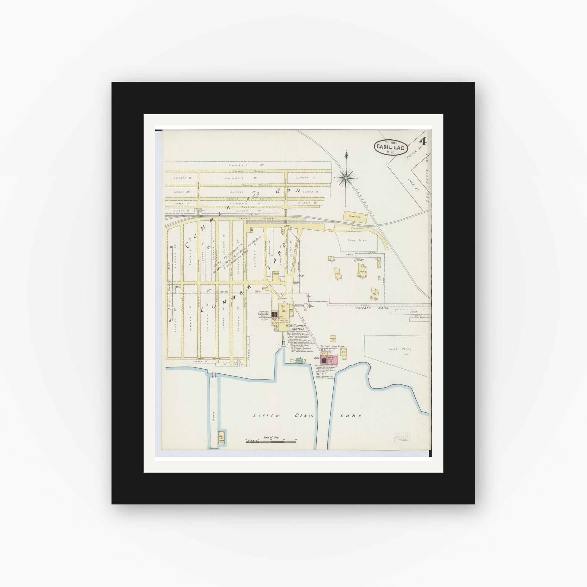 Old map wall art mockup — black gallery frame with white mat — Sanborn Fire Insurance Map from Cadillac, Wexford County, Michigan (1890), Sheet #0004