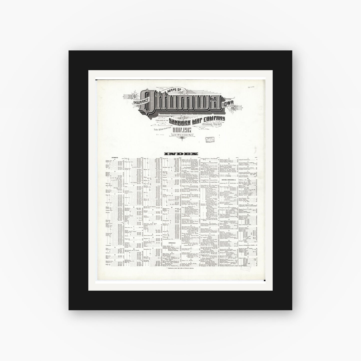 Old map wall art mockup — black gallery frame with white mat — Sanborn Fire Insurance Map from Ottumwa, Wapello County, Iowa (1917), Sheet #0001