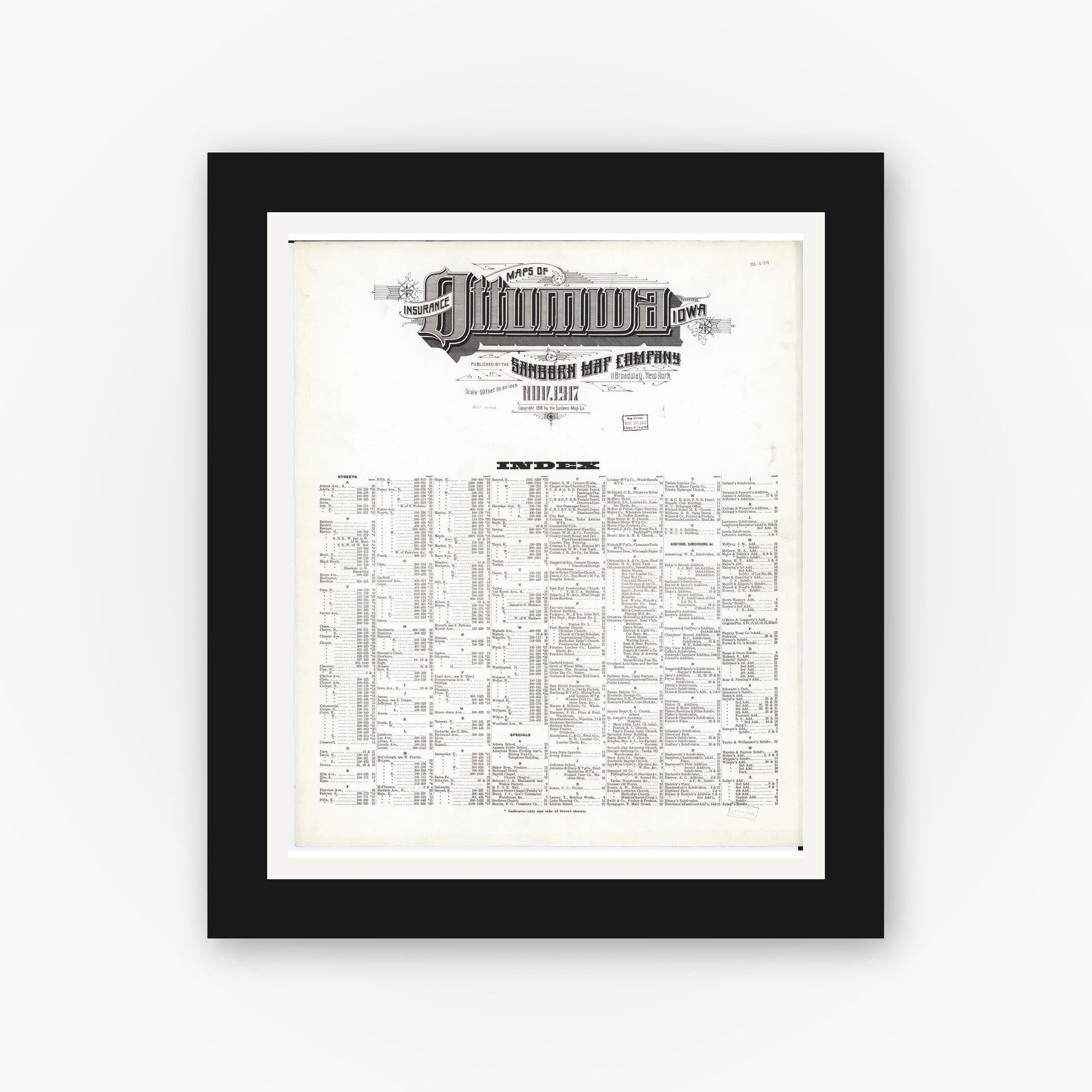Old map wall art mockup — black gallery frame with white mat — Sanborn Fire Insurance Map from Ottumwa, Wapello County, Iowa (1917), Sheet #0001