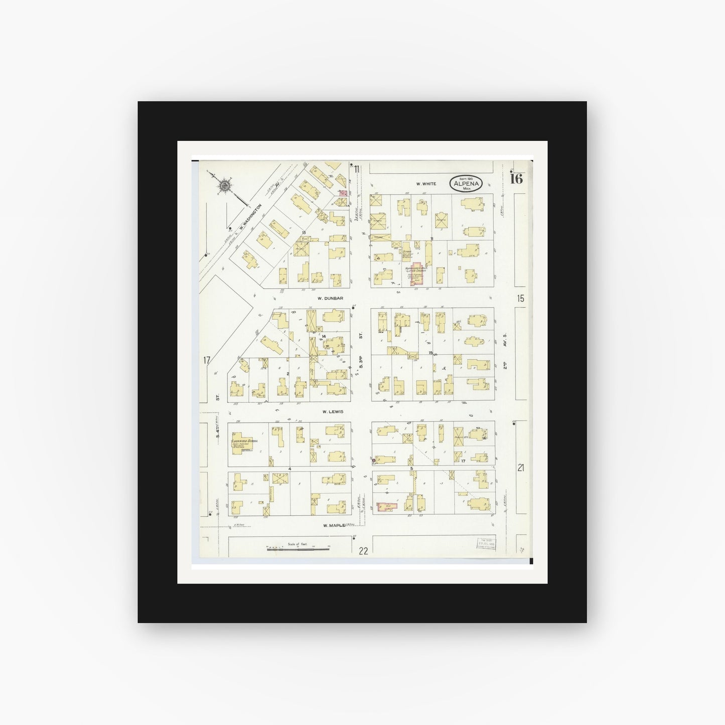 Old map wall art mockup — black gallery frame with white mat — Sanborn Fire Insurance Map from Alpena, Alpena County, Michigan (1910), Sheet #0016