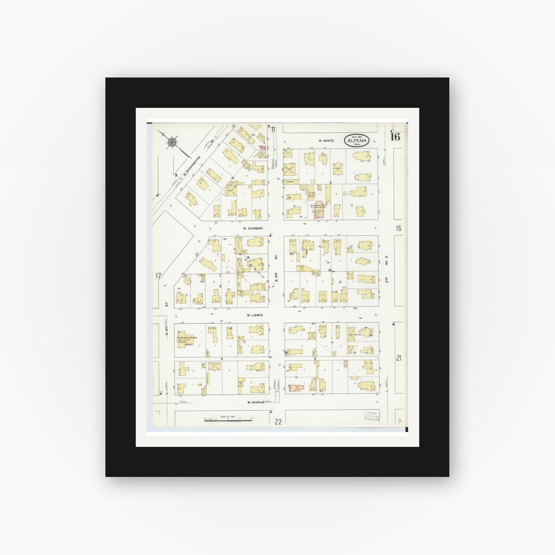 Old map wall art mockup — black gallery frame with white mat — Sanborn Fire Insurance Map from Alpena, Alpena County, Michigan (1910), Sheet #0016