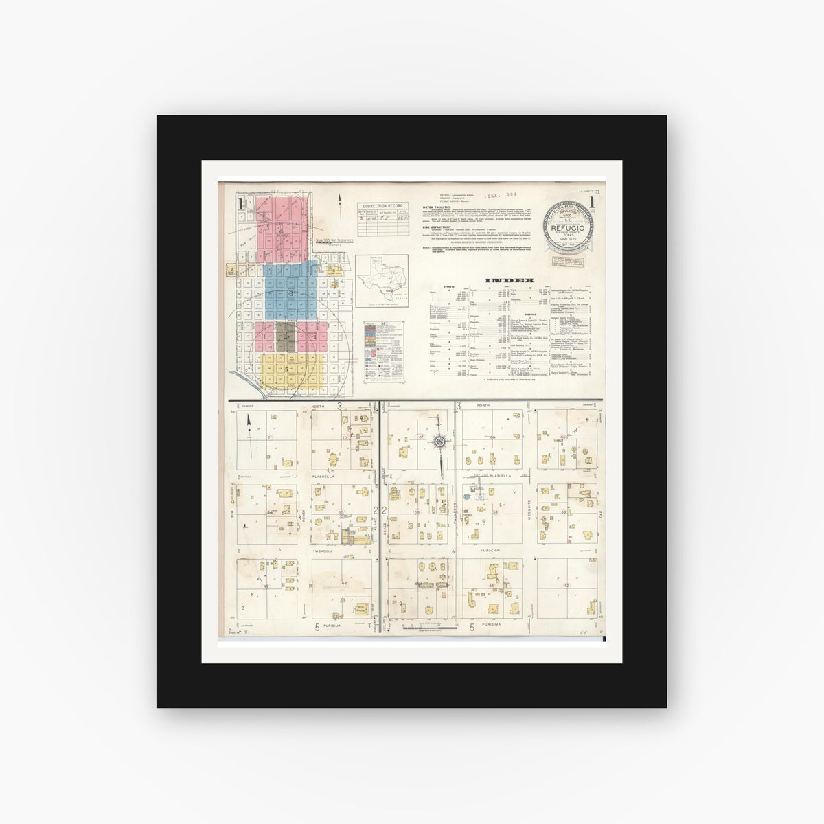 Old map wall art mockup — black gallery frame with white mat — Sanborn Fire Insurance Map from Refugio, Refugio County, Texas (1942) - Complete Map Set