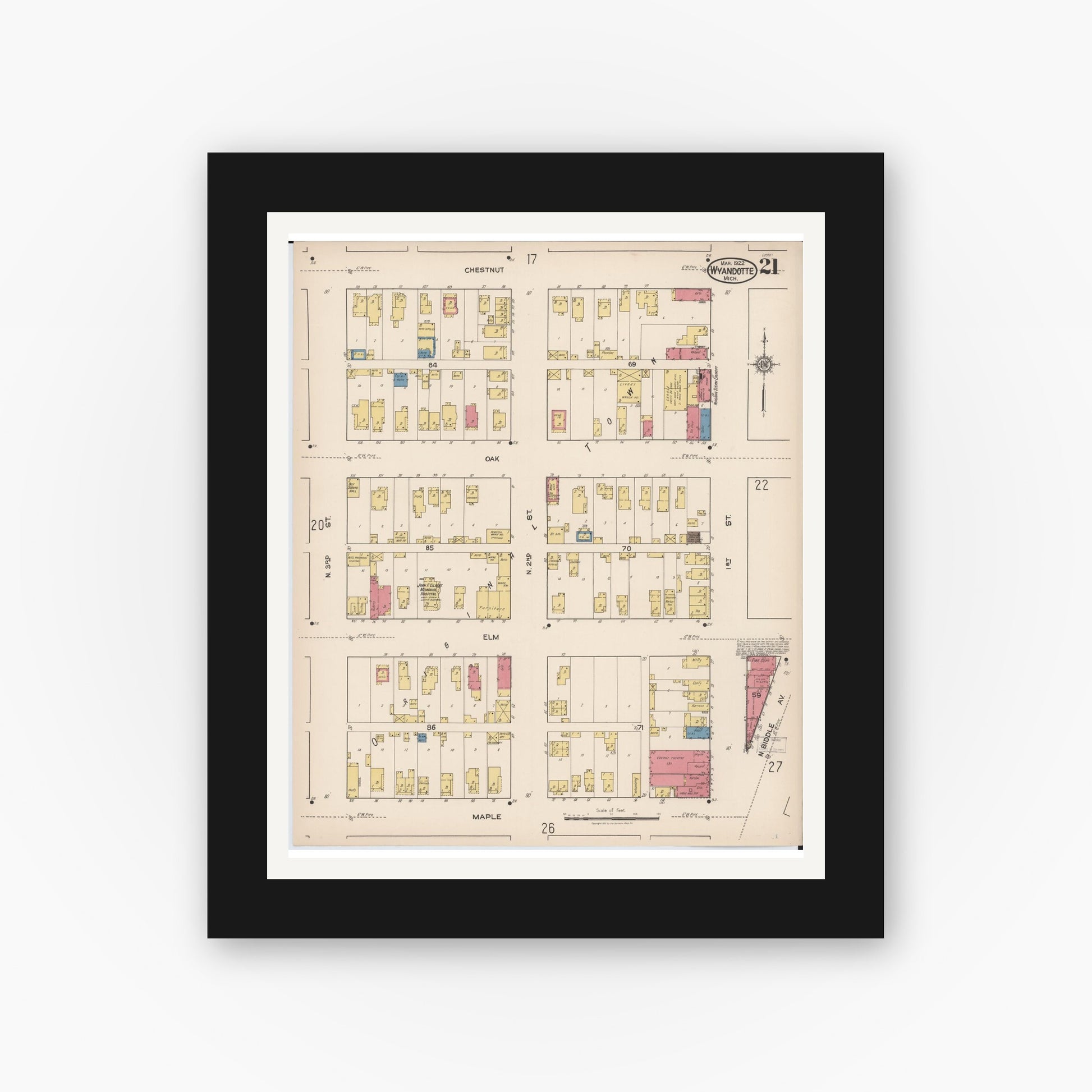 Old map wall art mockup — black gallery frame with white mat — Sanborn Fire Insurance Map from Wyandotte, Wayne County, Michigan (1922), Sheet #0021