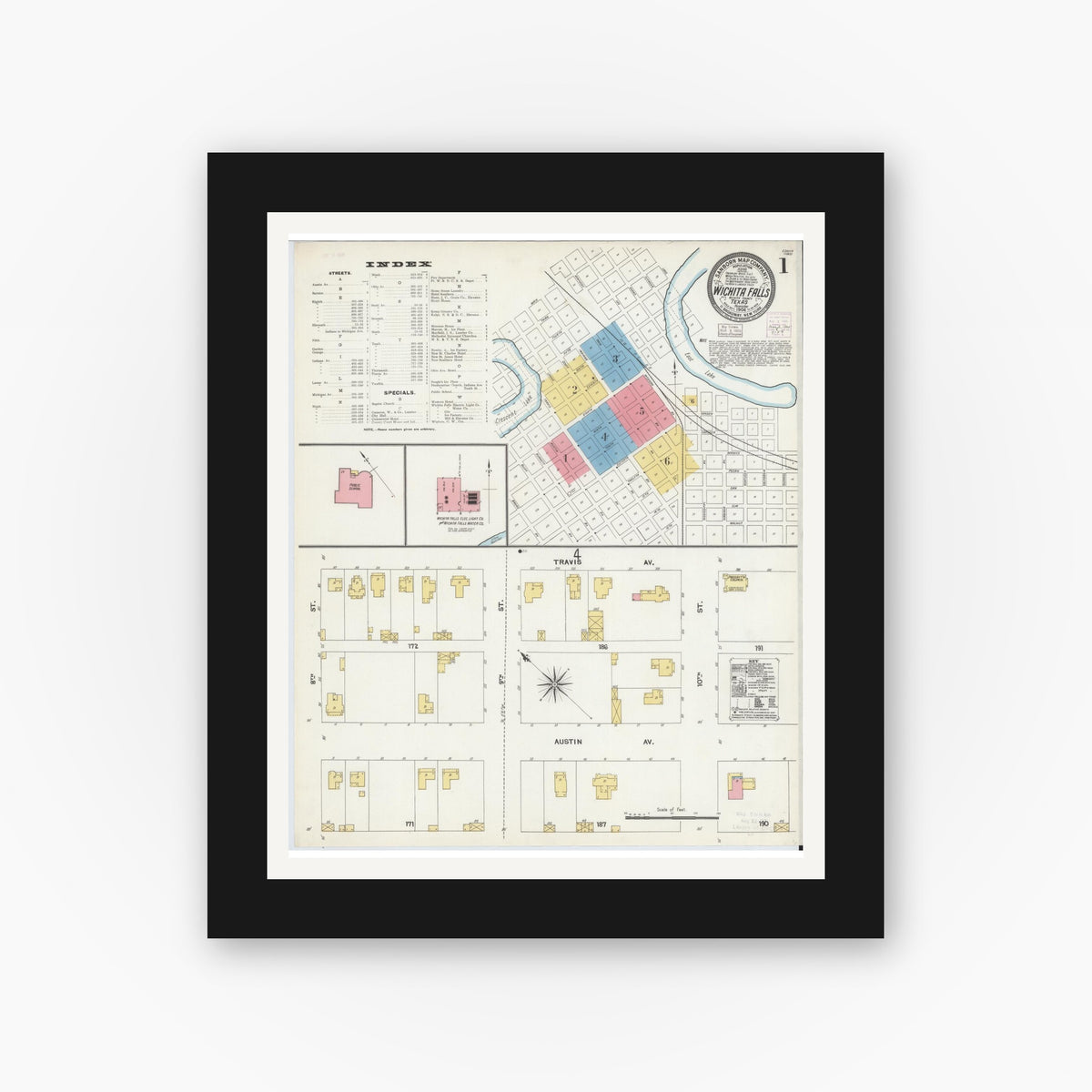 Old map wall art mockup — black gallery frame with white mat — Sanborn Fire Insurance Map from Wichita Falls, Wichita County, Texas (1904), Sheet #0001