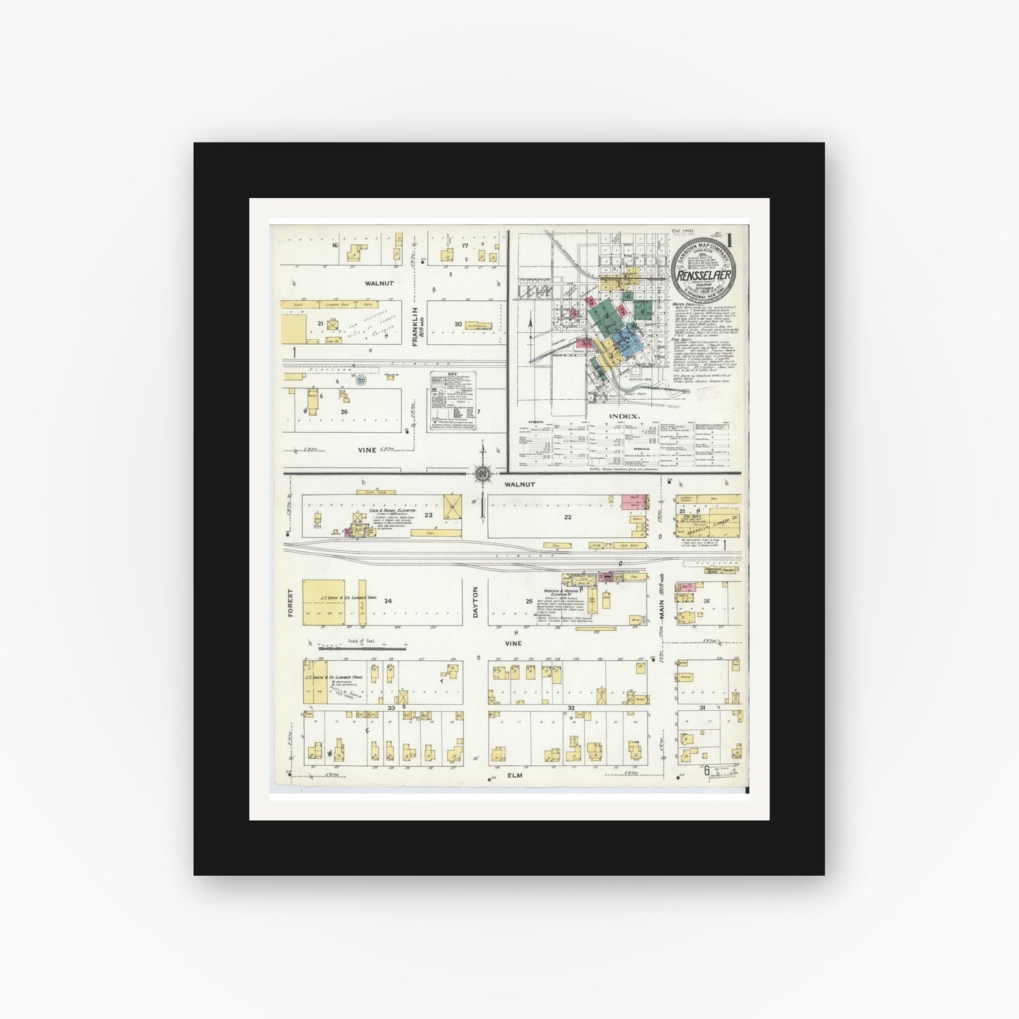 Old map wall art mockup — black gallery frame with white mat — Sanborn Fire Insurance Map from Rensselaer, Jasper County, Indiana (1909) - Complete Map Set