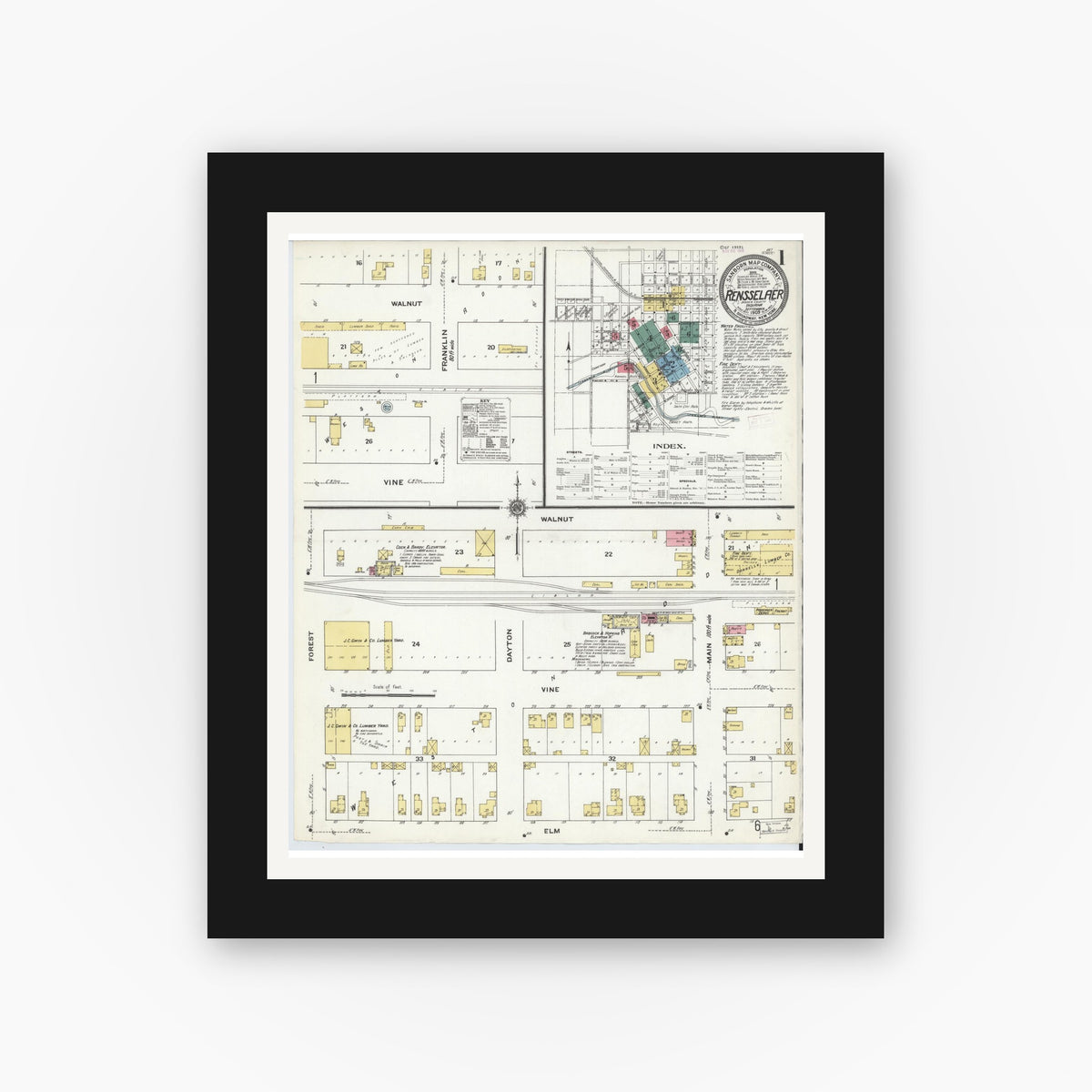Old map wall art mockup — black gallery frame with white mat — Sanborn Fire Insurance Map from Rensselaer, Jasper County, Indiana (1909) - Complete Map Set