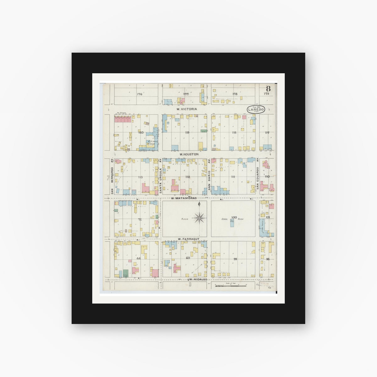 Old map wall art mockup — black gallery frame with white mat — Sanborn Fire Insurance Map from Laredo, Webb County, Texas (1894), Sheet #0008