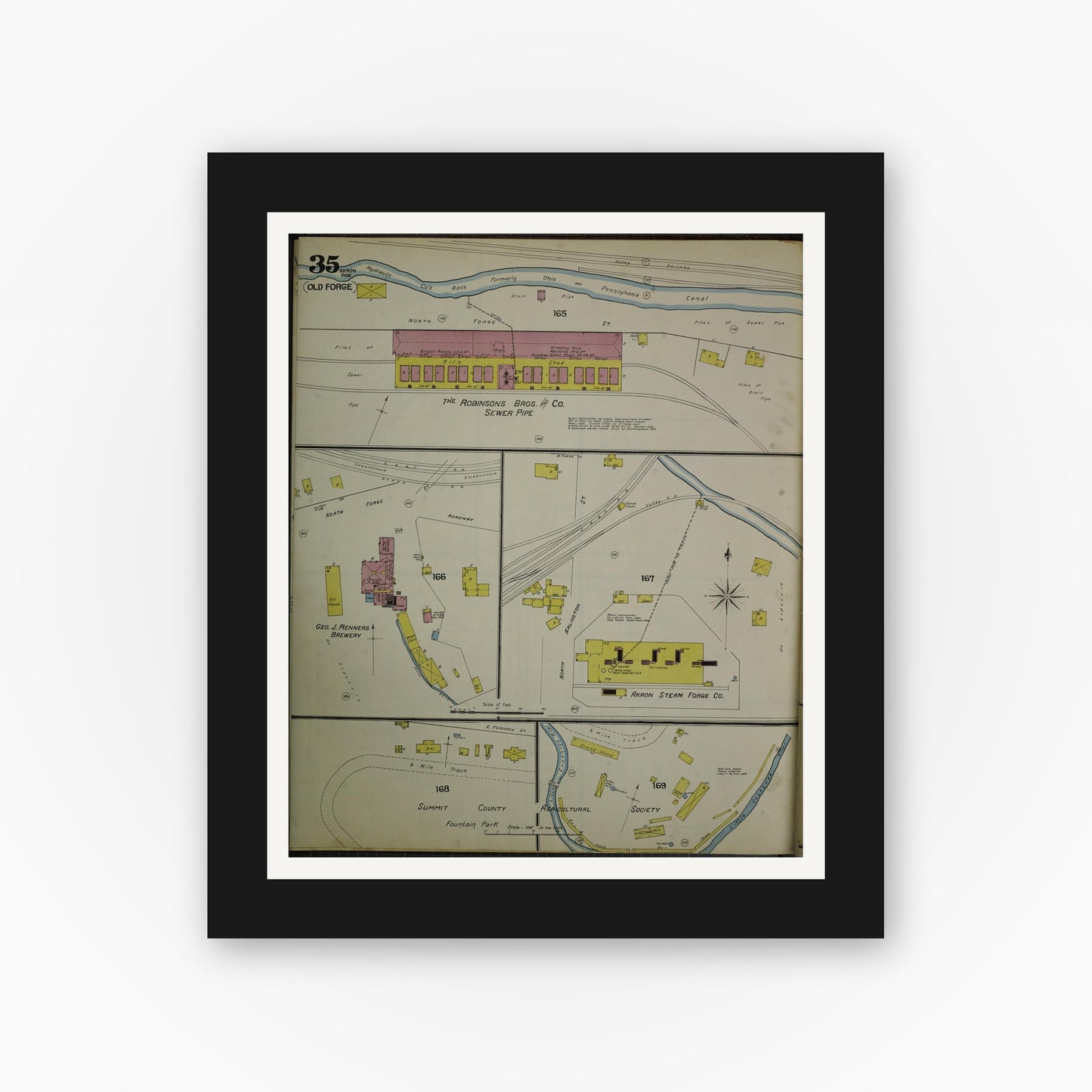 Old map wall art mockup — black gallery frame with white mat — Sanborn Fire Insurance Map from Akron, Summit County, Ohio (1892), Sheet #0035