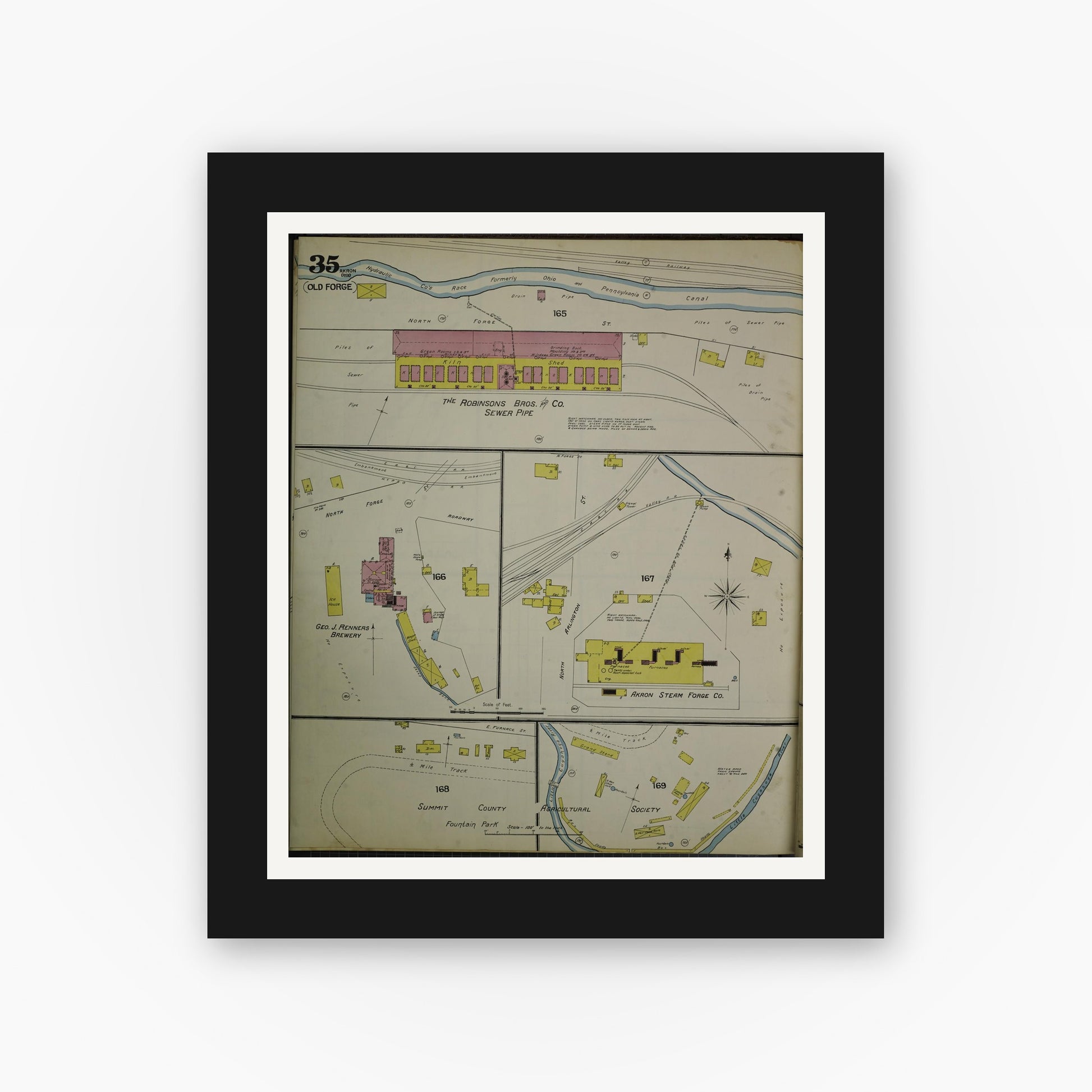 Old map wall art mockup — black gallery frame with white mat — Sanborn Fire Insurance Map from Akron, Summit County, Ohio (1892), Sheet #0035