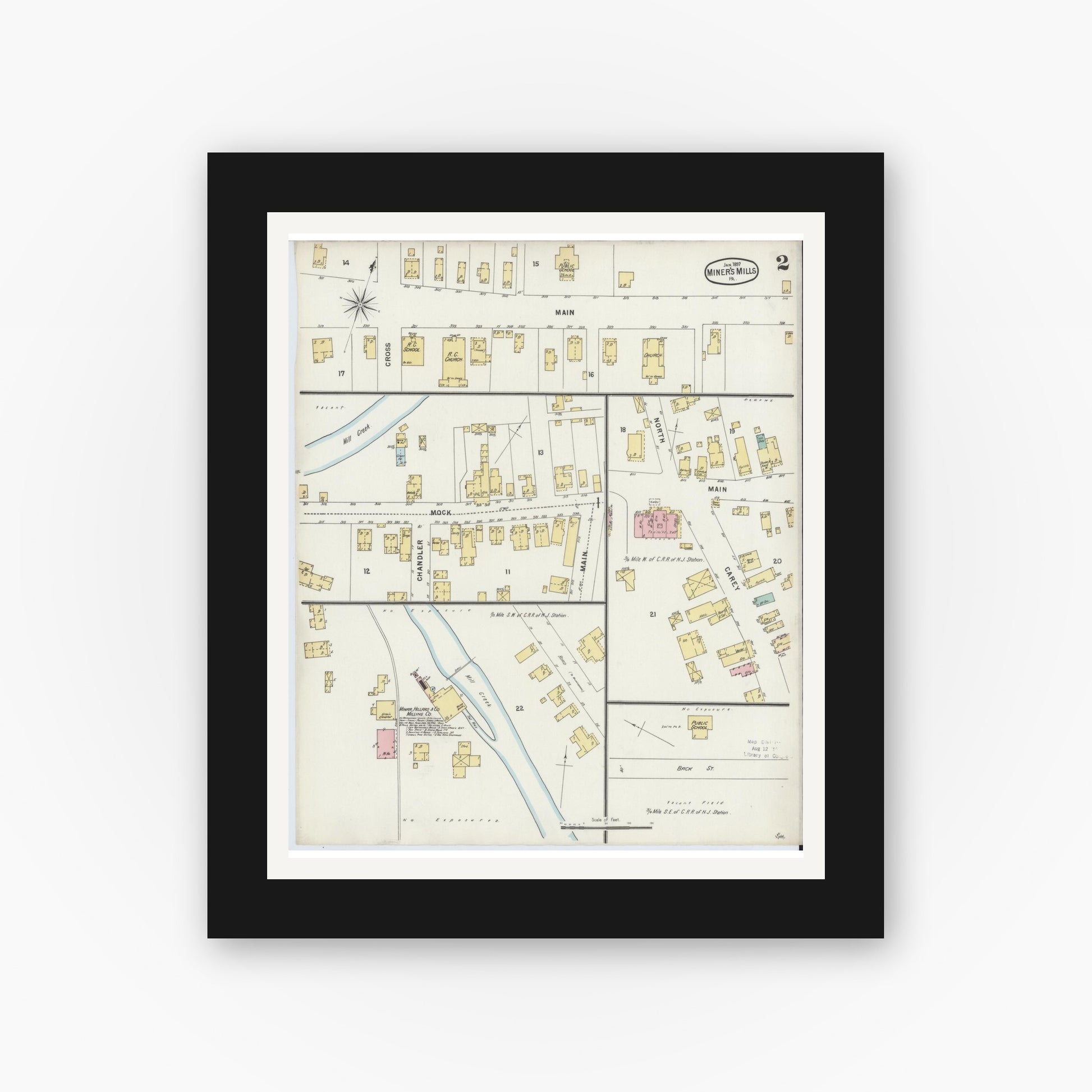 Old map wall art mockup — black gallery frame with white mat — Sanborn Fire Insurance Map from Miners Mills, Luzerne County, Pennsylvania (1897), Sheet #0002