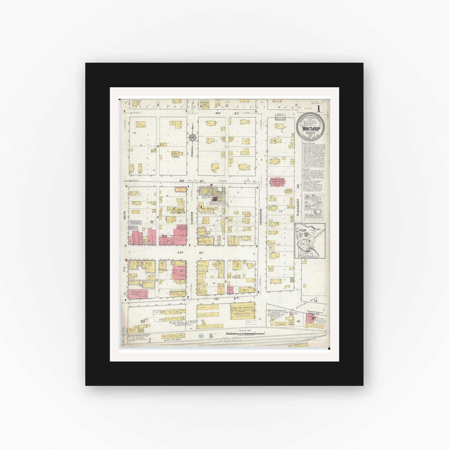 Old map wall art mockup — black gallery frame with white mat — Sanborn Fire Insurance Map from Winthrop, Sibley County, Minnesota (1917) - Complete Map Set