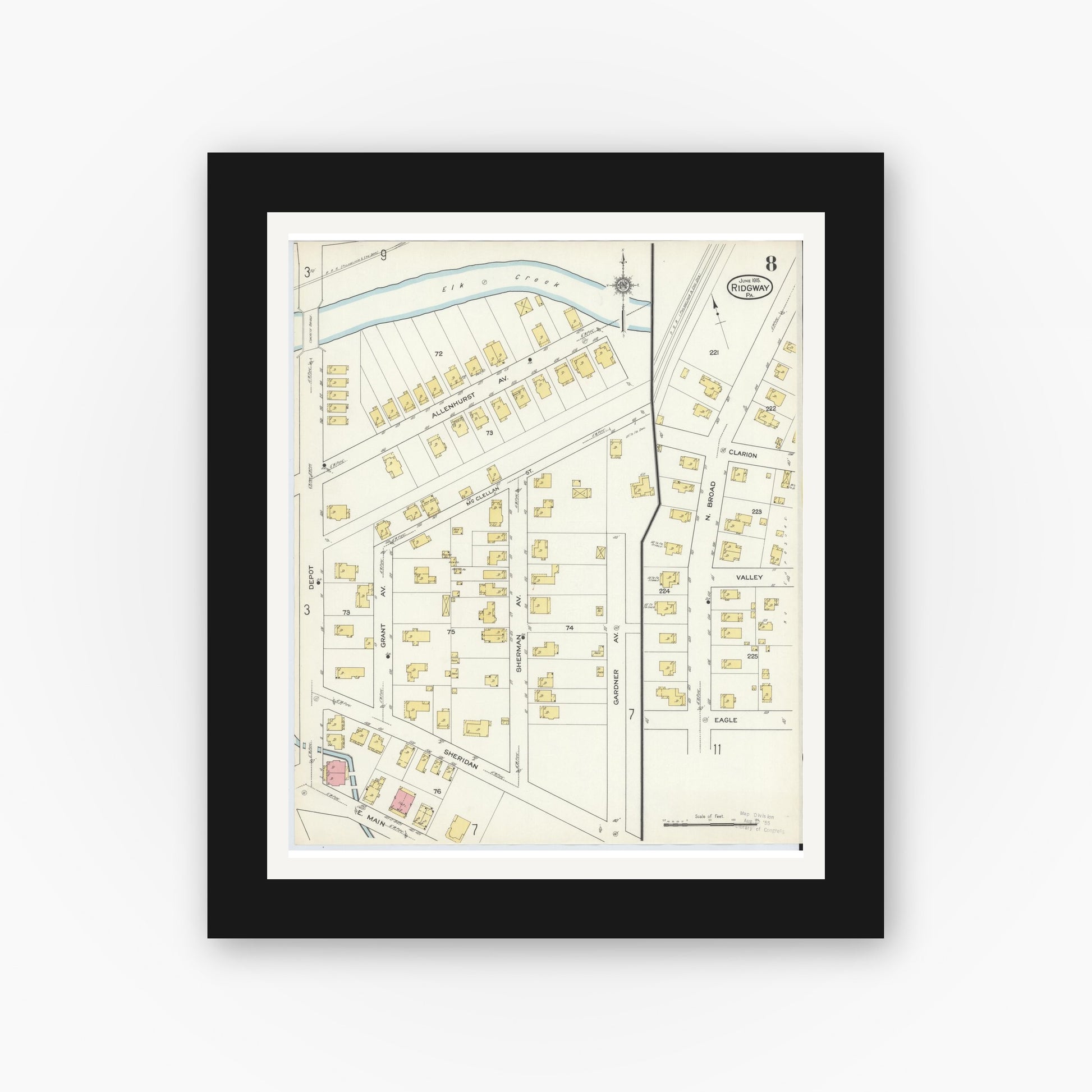 Old map wall art mockup — black gallery frame with white mat — Sanborn Fire Insurance Map from Ridgway, Elk County, Pennsylvania (1915), Sheet #0008