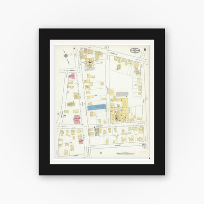 Old map wall art mockup — black gallery frame with white mat — Sanborn Fire Insurance Map from Stoneham, Middlesex County, Massachusetts (1916), Sheet #0009