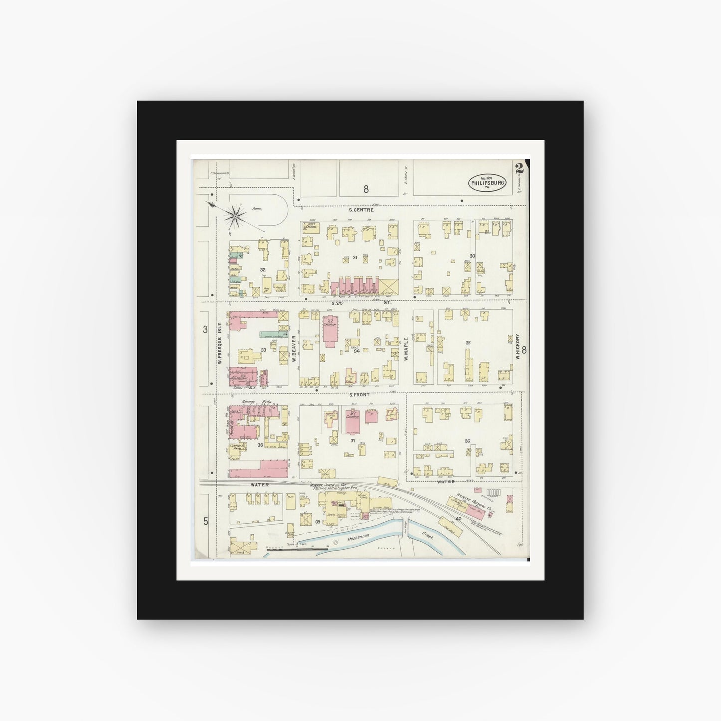 Old map wall art mockup — black gallery frame with white mat — Sanborn Fire Insurance Map from Philipsburg, Centre County, Pennsylvania (1897), Sheet #0002