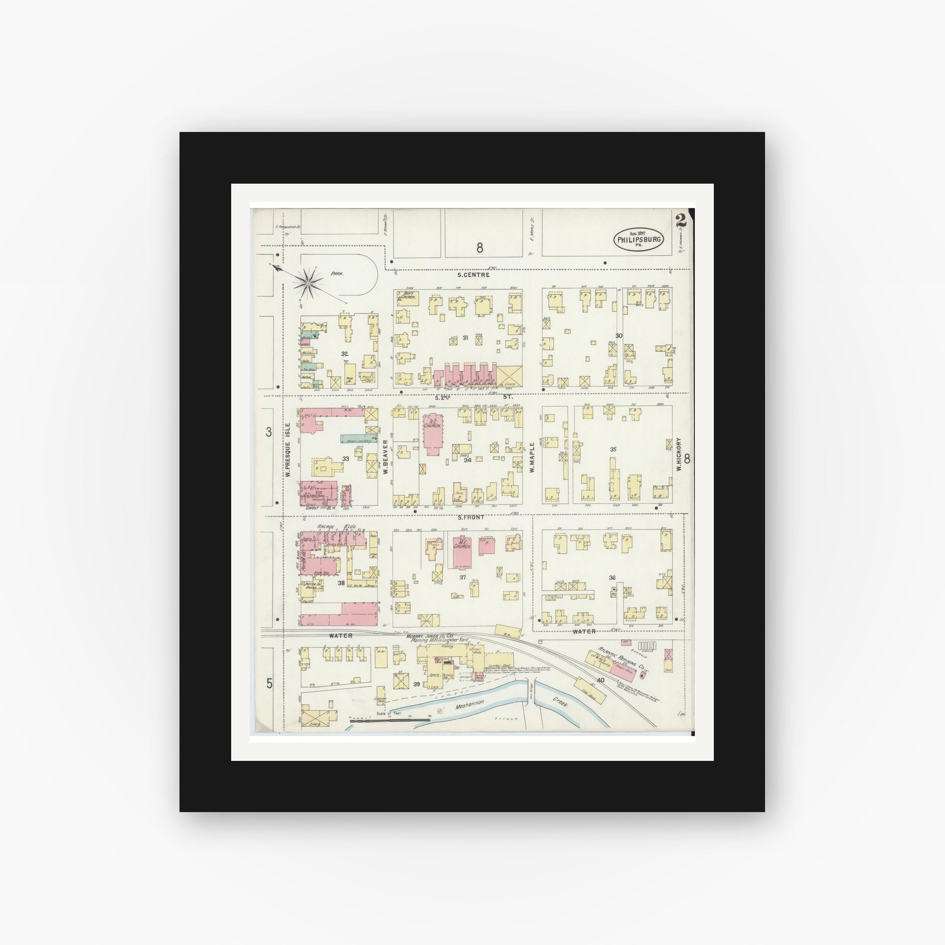 Old map wall art mockup — black gallery frame with white mat — Sanborn Fire Insurance Map from Philipsburg, Centre County, Pennsylvania (1897), Sheet #0002