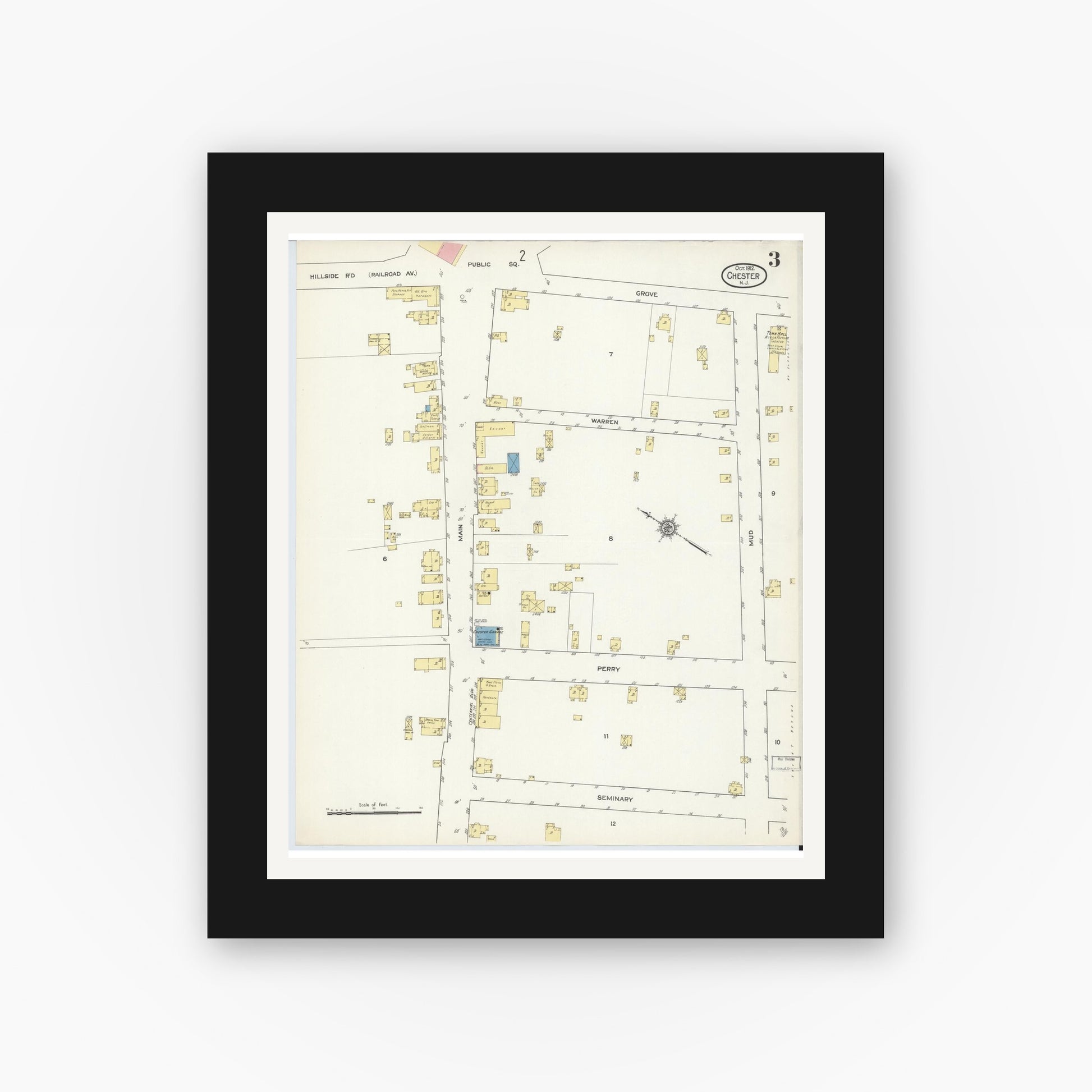 Old map wall art mockup — black gallery frame with white mat — Sanborn Fire Insurance Map from Chester, Morris County, New Jersey (1912), Sheet #0003
