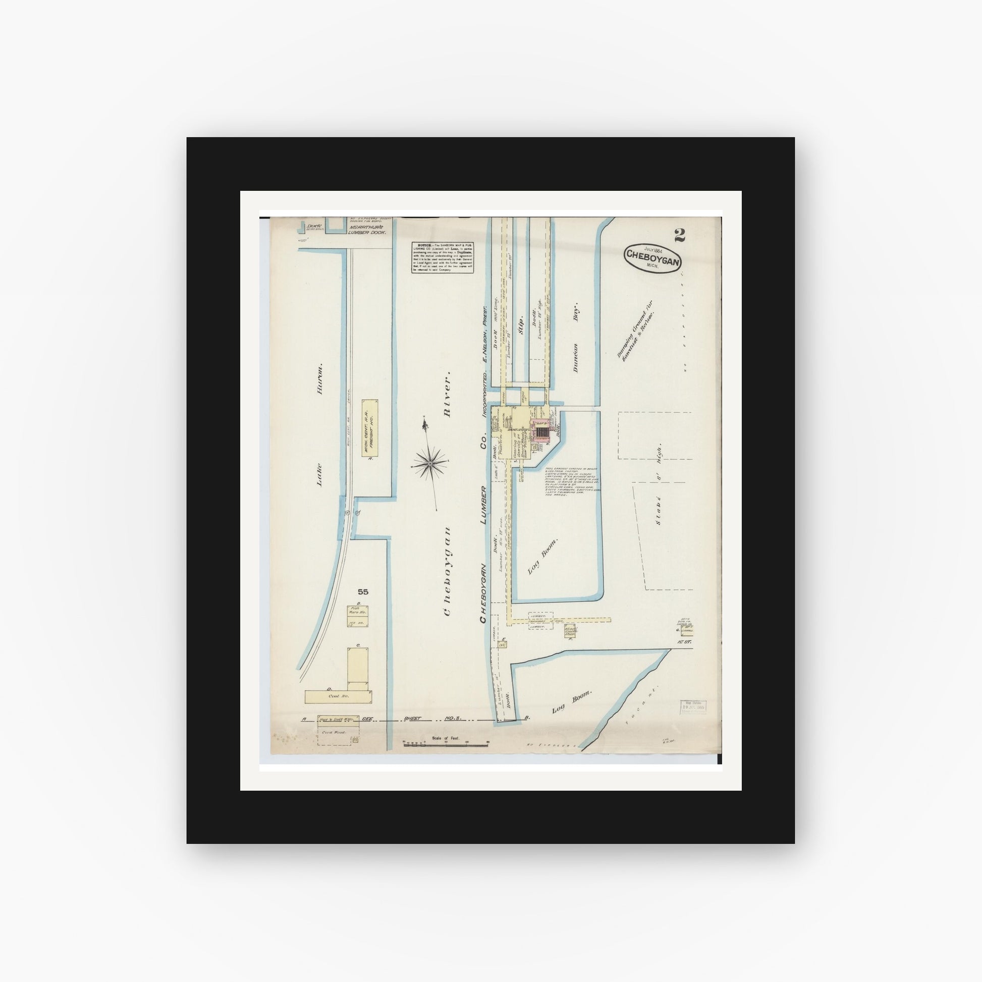 Old map wall art mockup — black gallery frame with white mat — Sanborn Fire Insurance Map from Cheboygan, Cheboygan County, Michigan (1884), Sheet #0002