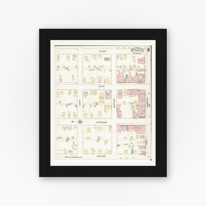 Old map wall art mockup — black gallery frame with white mat — Sanborn Fire Insurance Map from Mount Pleasant, Henry County, Iowa (1886), Sheet #0002