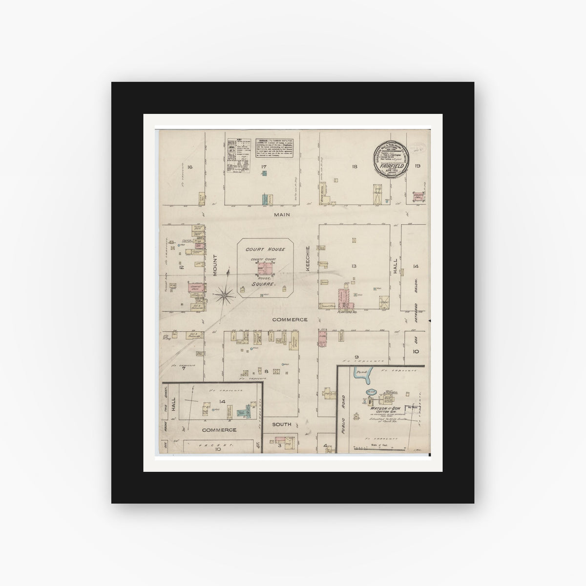 Old map wall art mockup — black gallery frame with white mat — Sanborn Fire Insurance Map from Fairfield, Freestone County, Texas (1885), Sheet #0001
