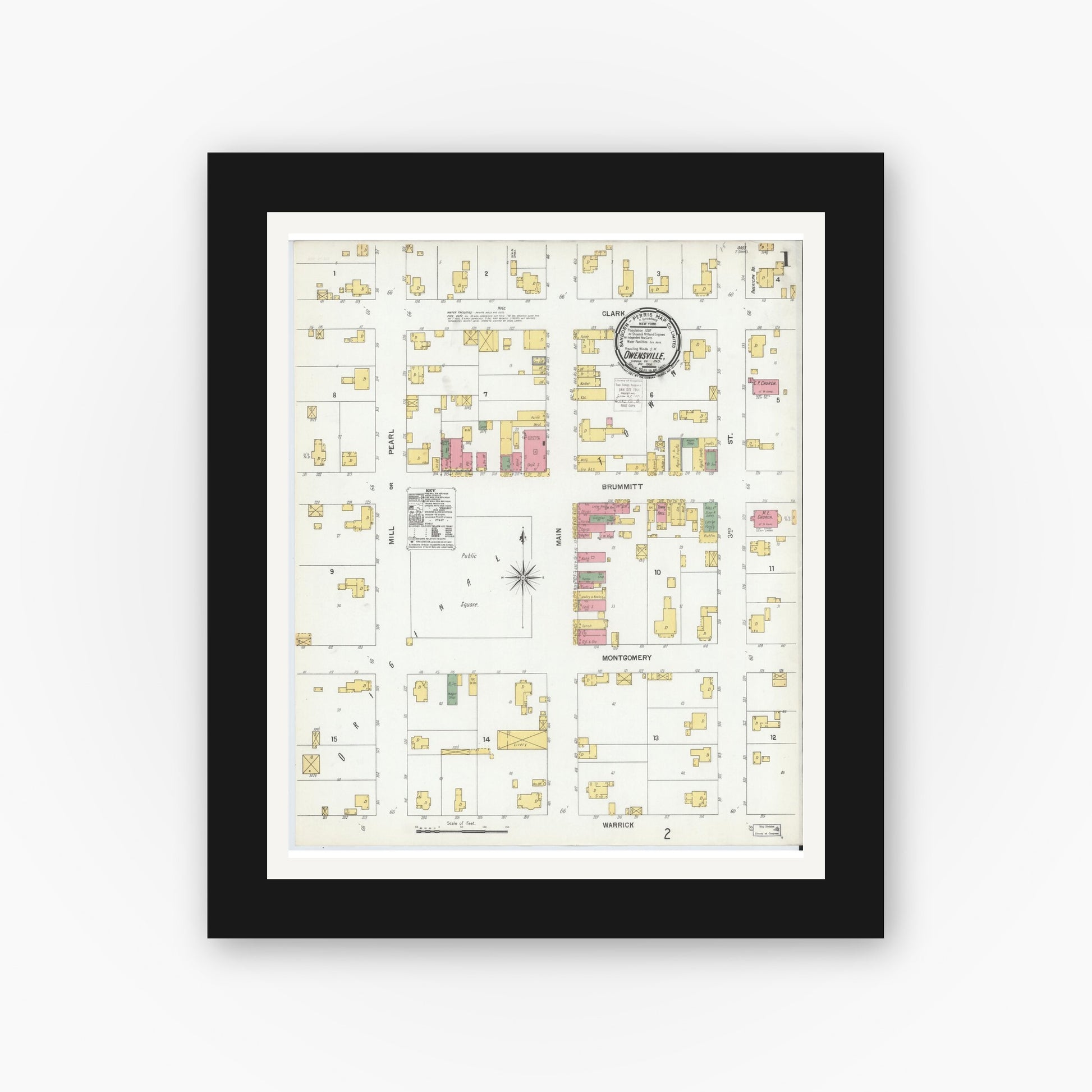 Old map wall art mockup — black gallery frame with white mat — Sanborn Fire Insurance Map from Owensville, Gibson County, Indiana (1900), Sheet #0001