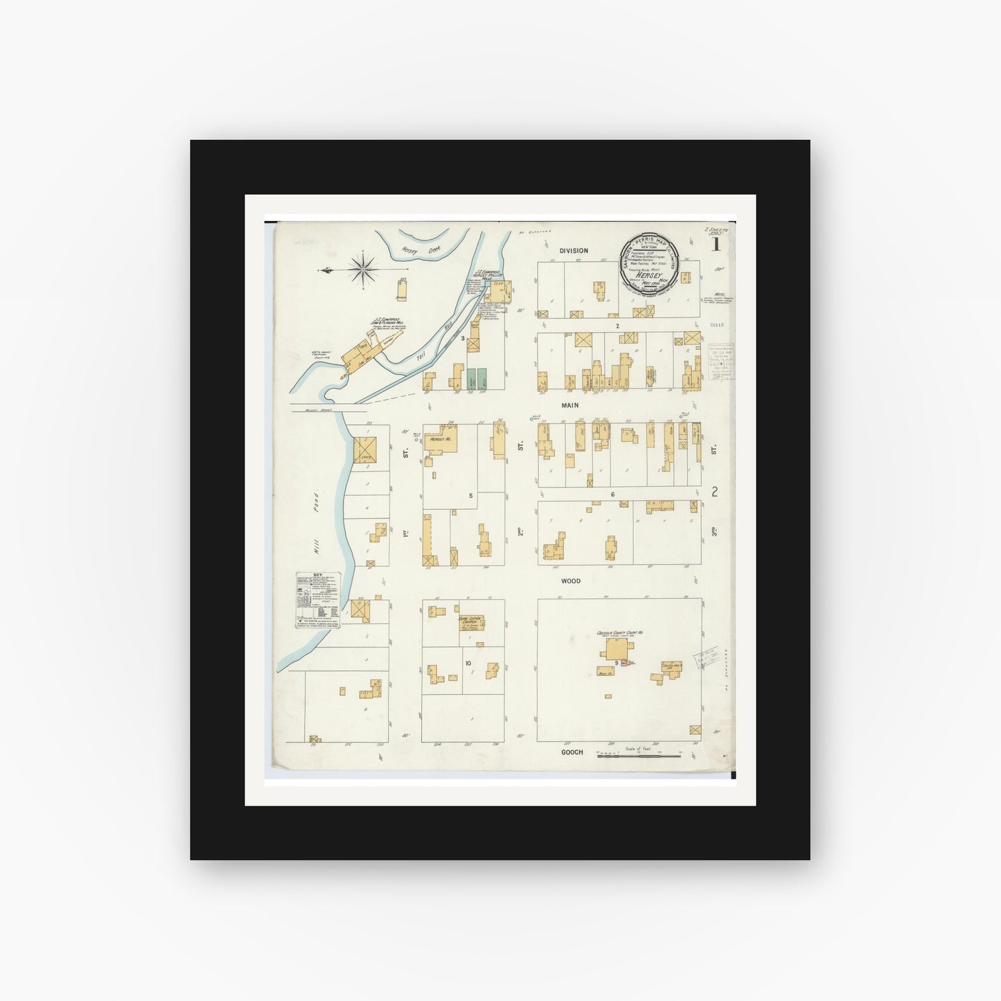 Old map wall art mockup — black gallery frame with white mat — Sanborn Fire Insurance Map from Hersey, Osceola County, Michigan (1900) - Complete Map Set