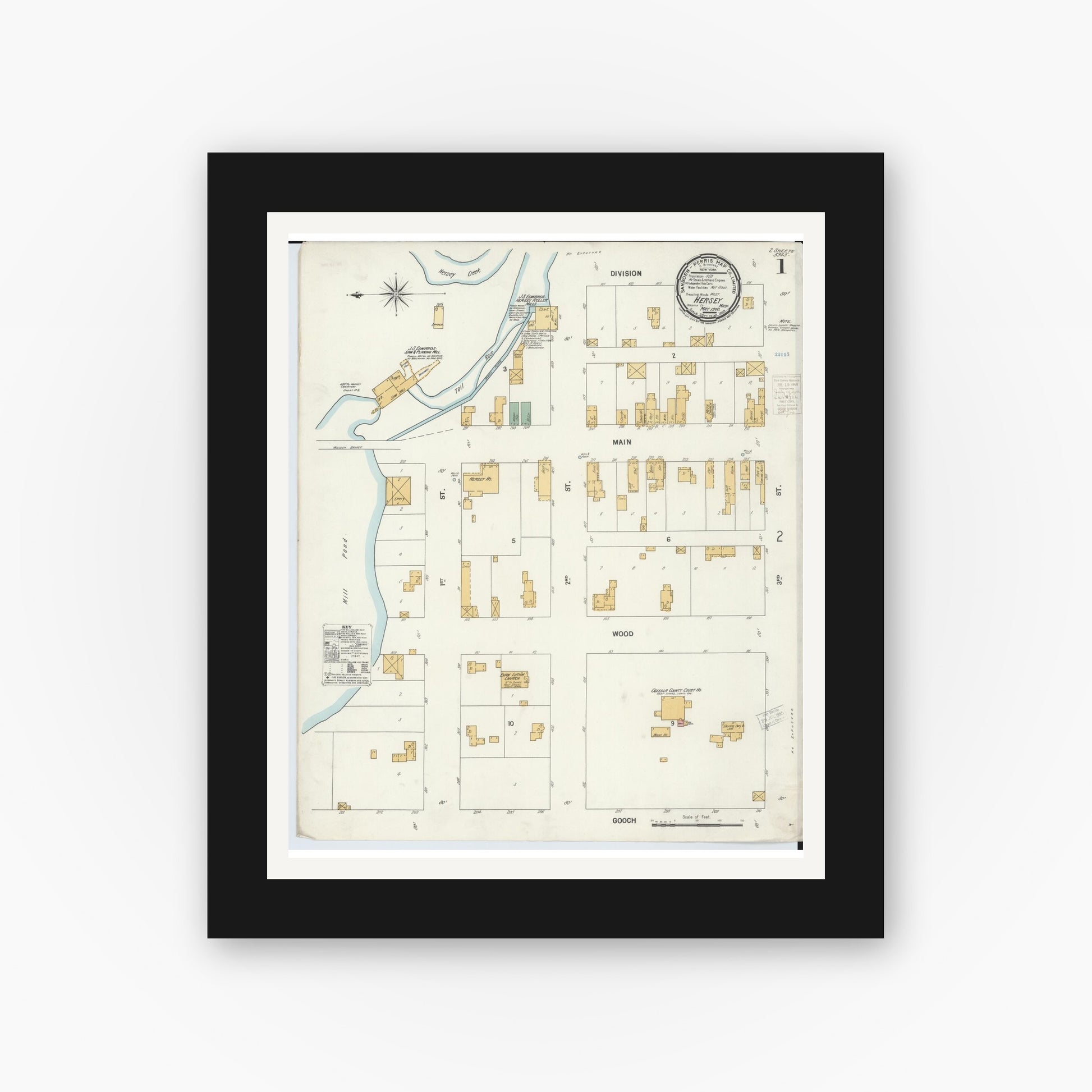Old map wall art mockup — black gallery frame with white mat — Sanborn Fire Insurance Map from Hersey, Osceola County, Michigan (1900) - Complete Map Set