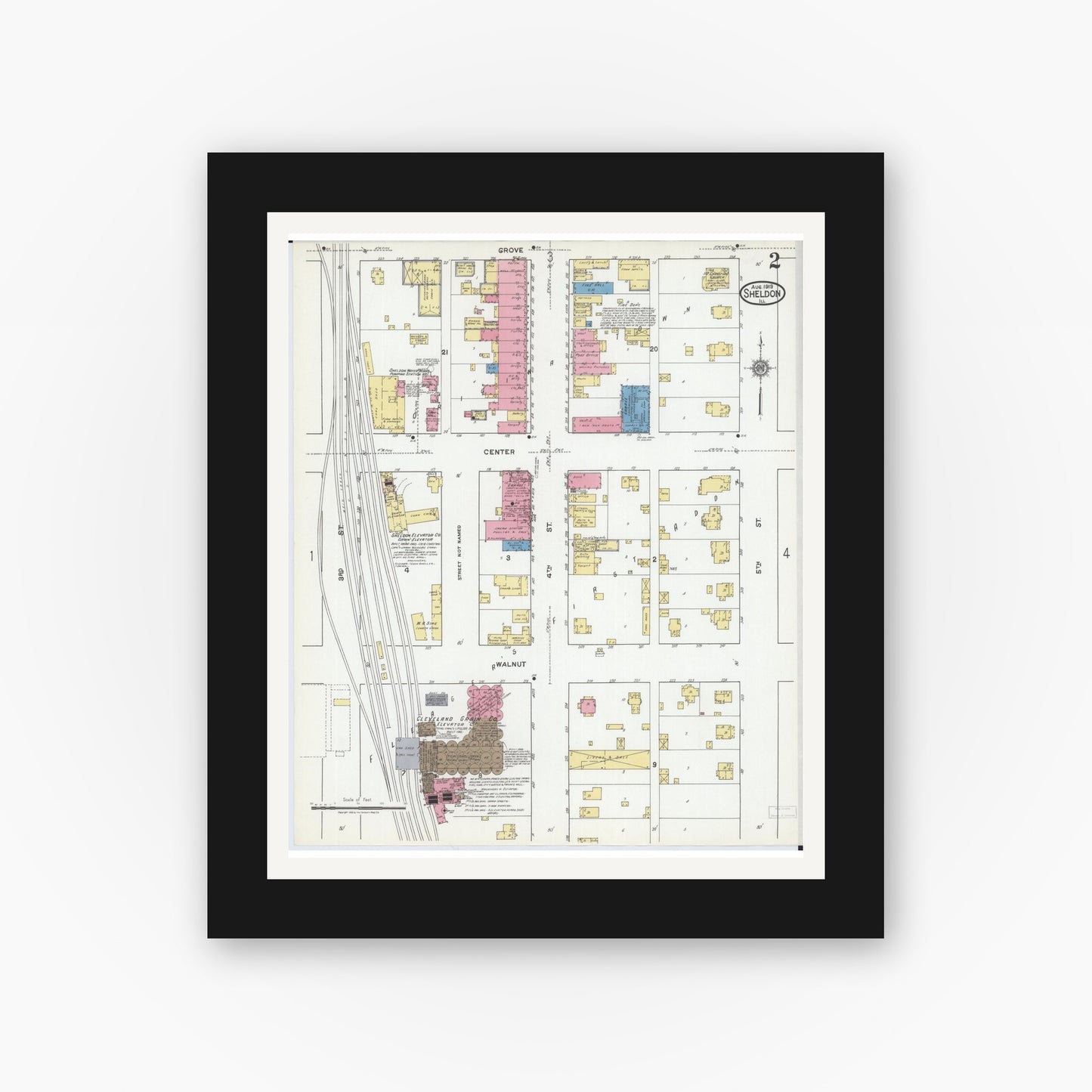 Old map wall art mockup — black gallery frame with white mat — Sanborn Fire Insurance Map from Sheldon, Iroquois County, Illinois (1919), Sheet #0002